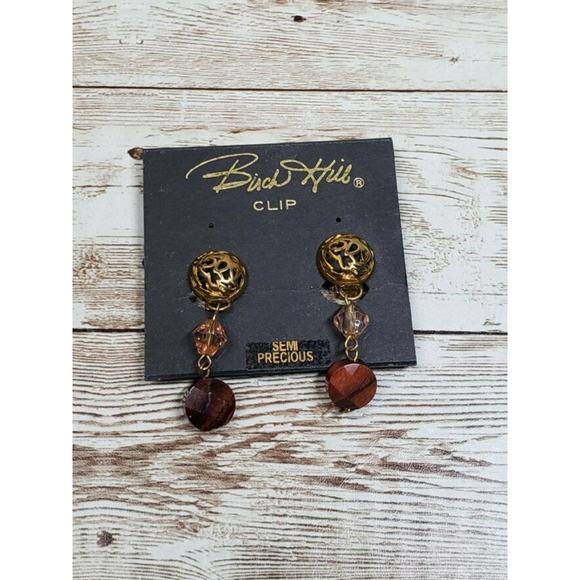 Vintage Birch Hill Clip On Earrings Brown Semi Precious Dangle Earrings - Picture 1 of 5